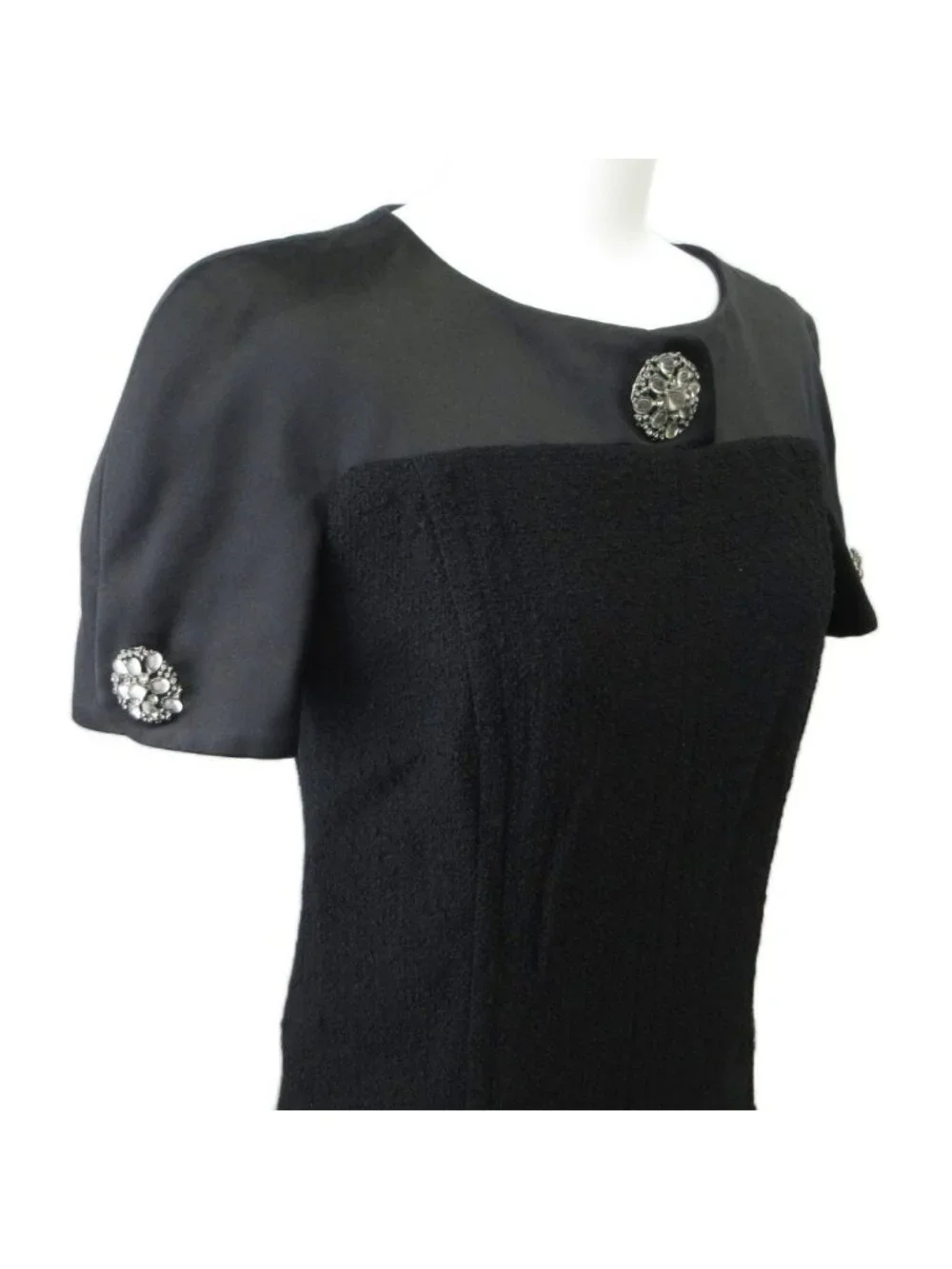 Chanel Dress Tweed Wool Bijou 36 Black Knee Length Short Sleeve PP